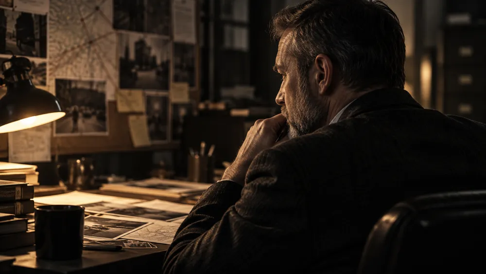 Retired homicide detective reviewing a criminal case file